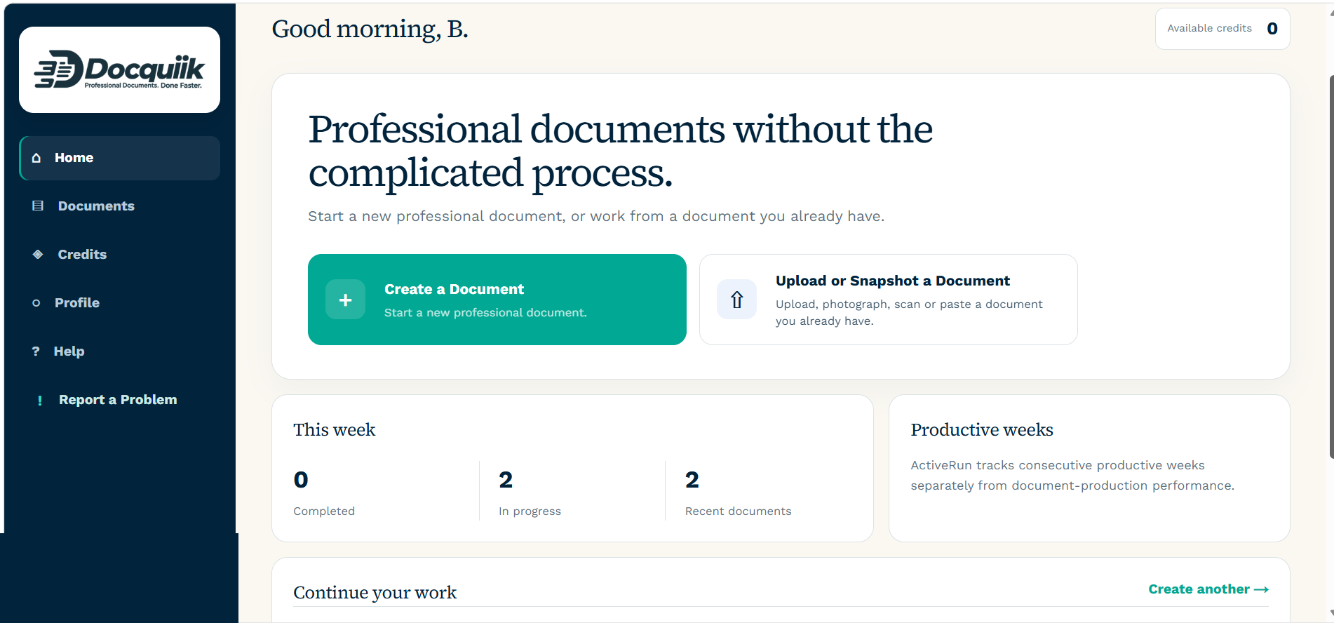 Actual Docquiik workspace showing document creation, credits, production activity and navigation